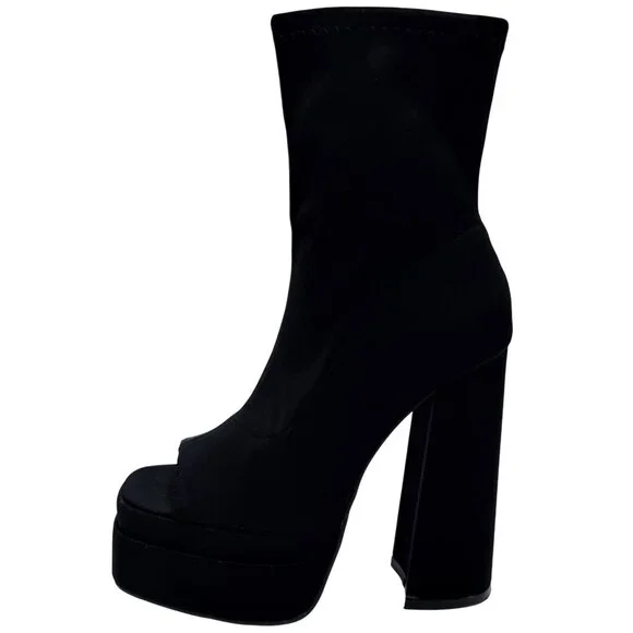 NIB Black Platform Open Toe Chunky Heel Lug Sole Casual Sexy Ankle Boots 10 - Picture 4 of 16